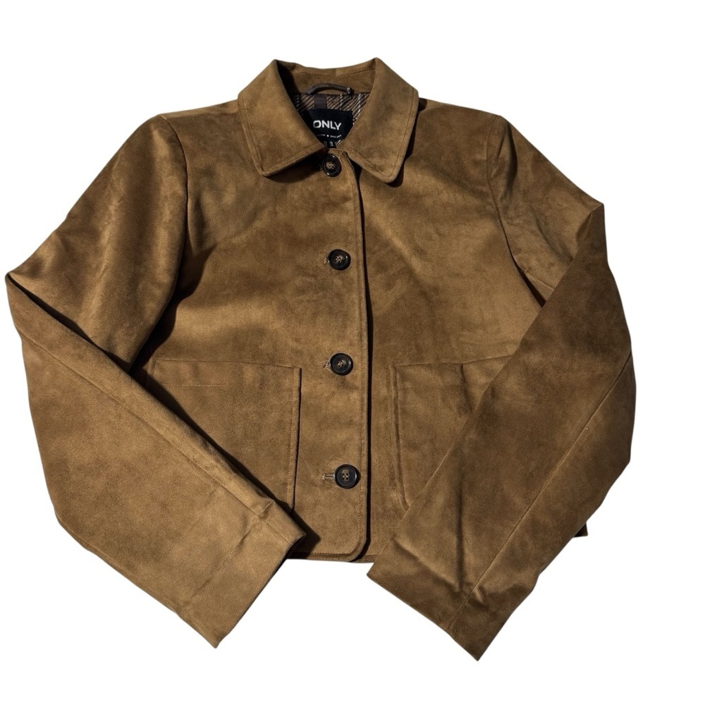 ONLY Faux Suede Jacket – Size XS – Brown Cropped Button Front Capsule Wardeobe